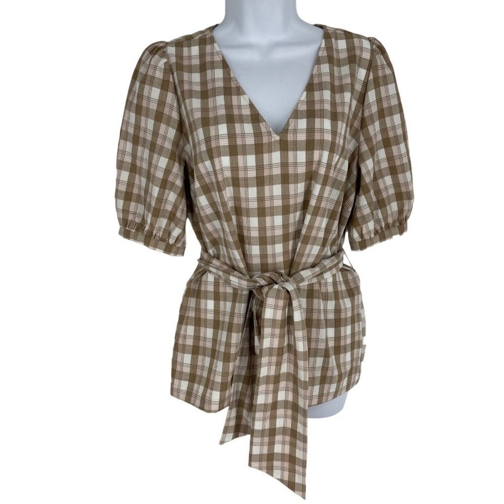Ann Taylor Factory Plaid V-Neck Short Sleeve Belted Top Size Small